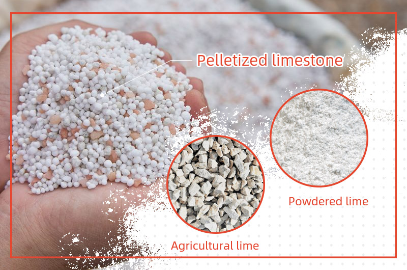 Pelletized lime, agricultural lime and powdered lime